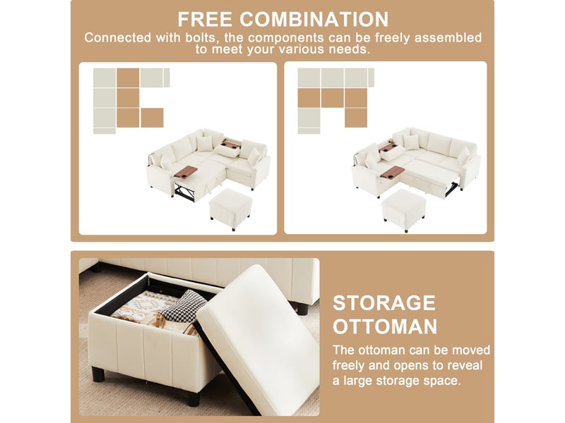  Canapé d'angle 5 places convertible en tissu chenille beige, 205×205×85 cm, pouf avec rangement, ports usb  - Conforama D