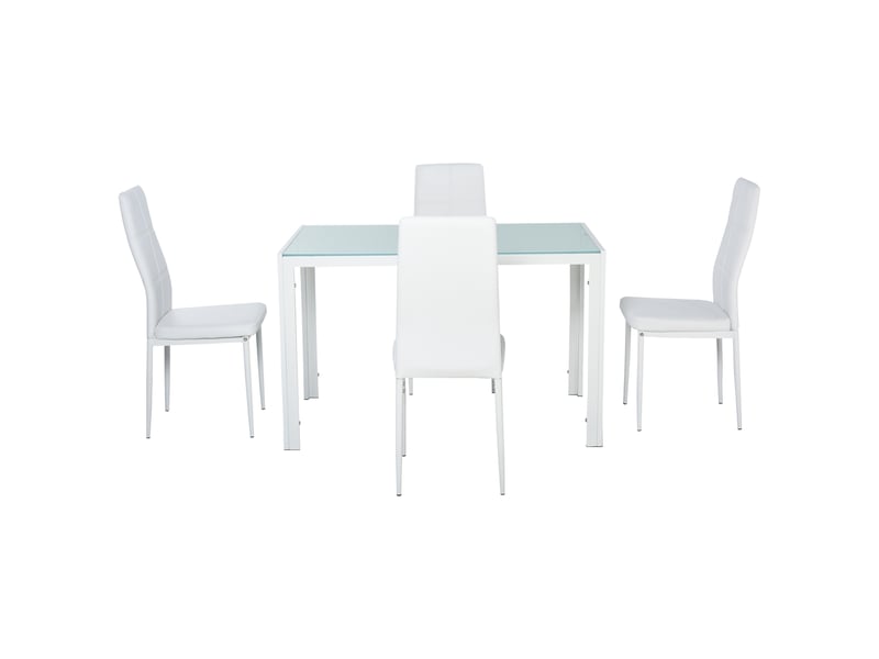  Ensemble de salle à manger avec table et 4 chaises, 5 pièces, table rectangulaire en verre trempé et chaises rembourrées en pu, blanc  - Conforama B