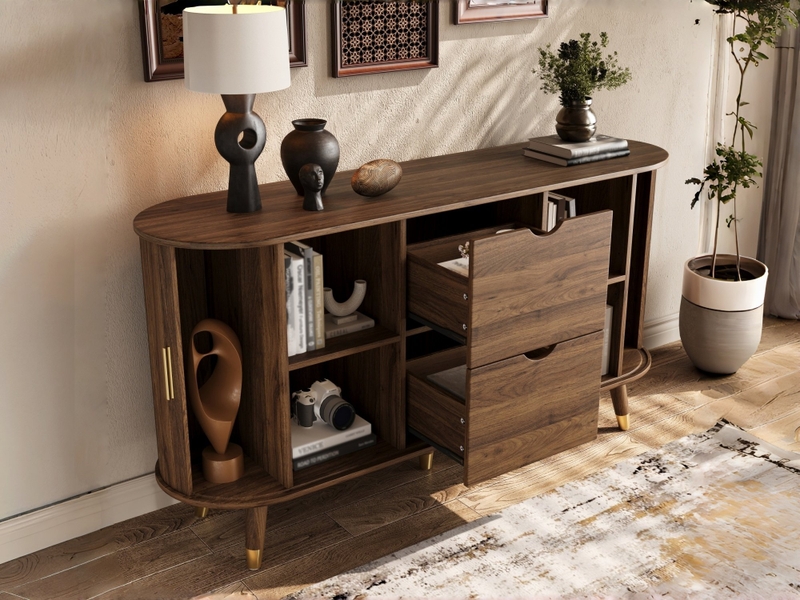  Commode 2 tiroirs et 2 portes coulissantes, 140 x40 x 79,5 cm, avec veinage vertical et élément d'angle arrondi, couleur noyer  - Conforama B