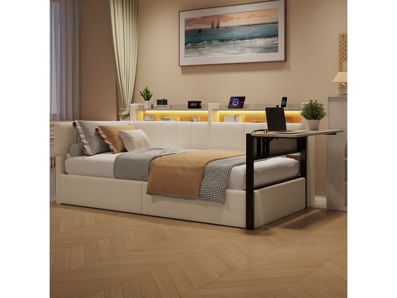  Lit coffre banquette 90x200 cm, lit hydraulique rembourré, table rabattable, tête de lit rangement, led, usb-c, velours (sans matelas), blanc CozyNest - Conforama B