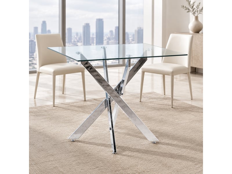  Table de salle à manger à plateau en verre et pieds en métal argenté  - Conforama C