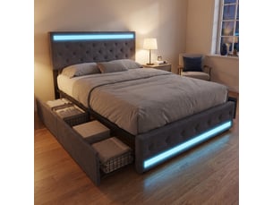 Lit adulte 180x200 cm avec 4 tiroirs, king size, led rgb, lit double capitonné avec tête de lit réglable, en lin, gris