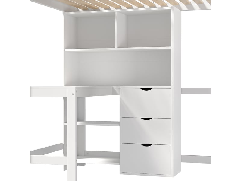  Lit mezzanine enfant 200×90 cm avec bureau, 3 tiroirs et rangements, sans matelas, en pin et mdf blanc  - Conforama E