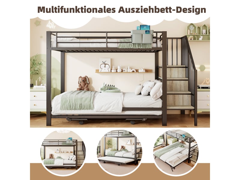  Lit superposé 90x200 + 180x200 cm avec lit gigogne, lit enfant avec espace de rangement, lit 2 personnes en noir, structure en fer  - Conforama C