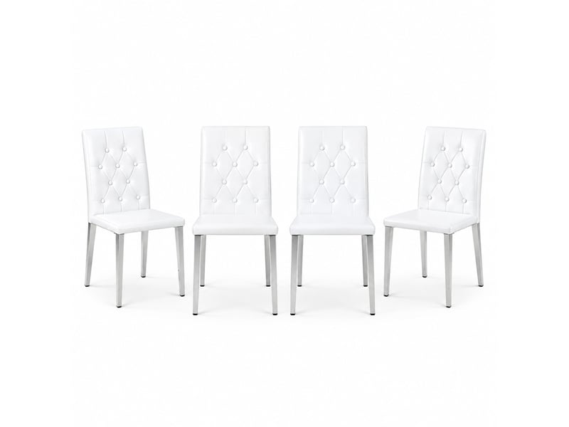  Lot de 4 chaises de salle à manger 89 cm, chaise de cuisine, dossier à piqûres losanges, métal argenté, confort, pu blanc  - Conforama A