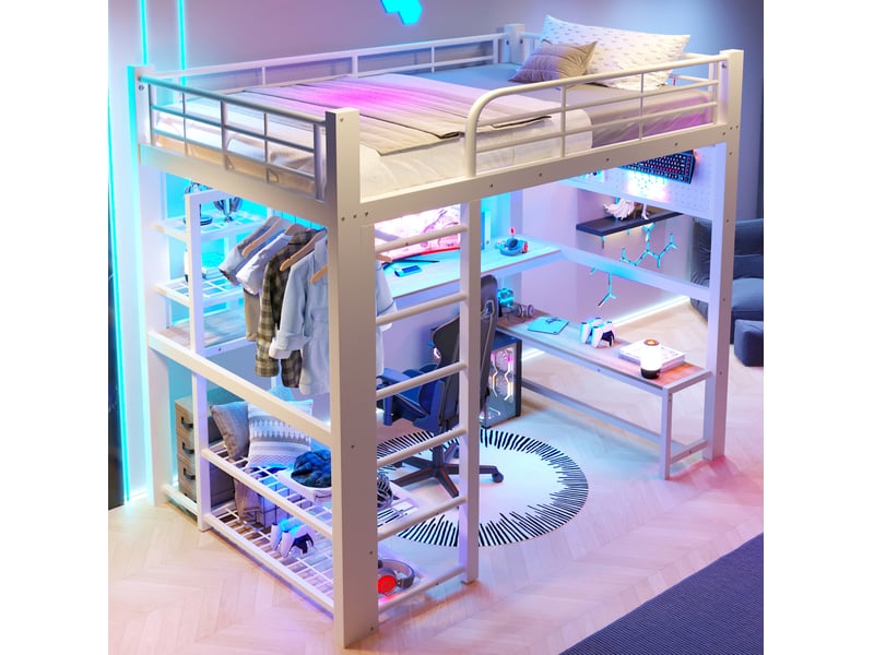  Lit mezzanine 140x200 cm en métal blanc avec bureau, rangement et led  - Conforama B