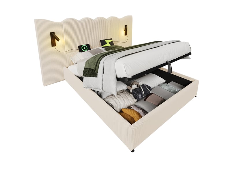  Lit coffre 180 × 200 cm en velours côtelé beige et blanc, liseuse orientable 360°, usb-c et sommier à lattes Fay Lum - Conforama A