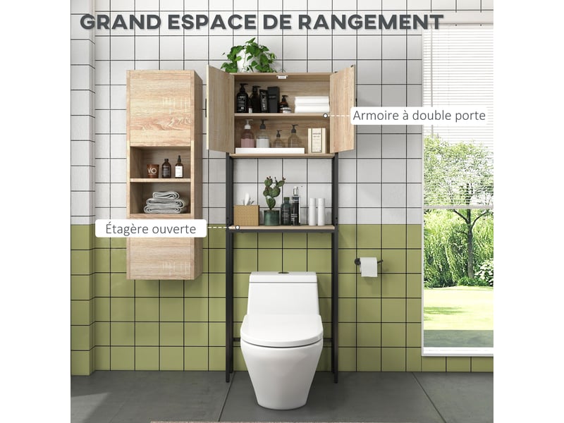  Étagère de toilettes meuble de salle de bain dessus toilette wc avec étagère ouverte et placard 2 portes  - Conforama D