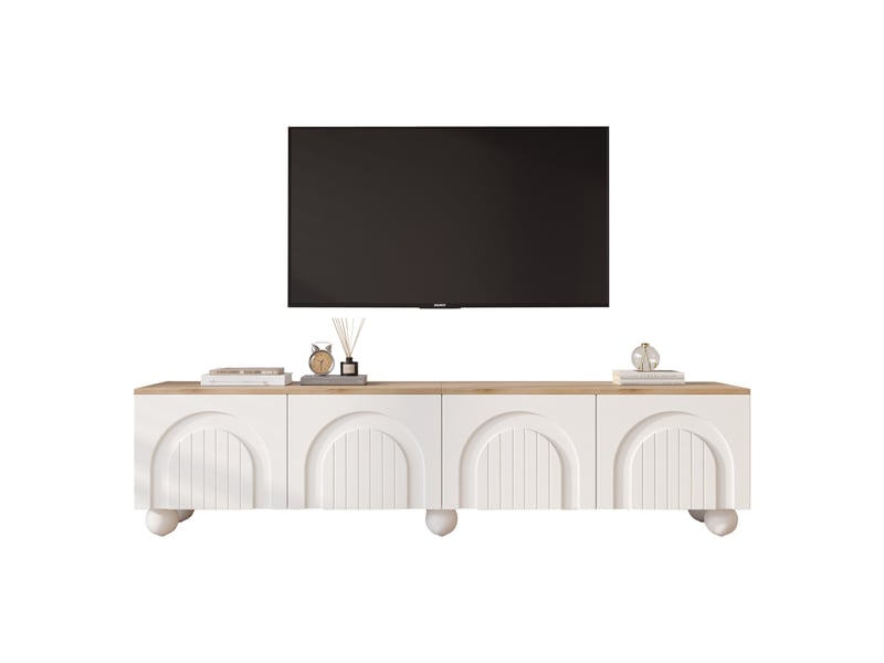 Meuble tv bas 180x40x45 cm pour écran jusqu’à 80 pouces, meuble télévision avec 4 portes push-to-open, 6 pieds boule en métal, mdf, blanc et bois OPULERANE TRADING LTD - Conforama A