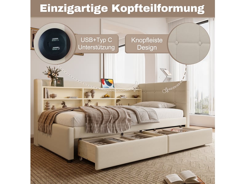  Lit enfant 90x200 cm, avec lit simple, 2 tiroirs, ports usb-c, étagères tête de lit, lin et mdf, beige, sans matelas  - Conforama E