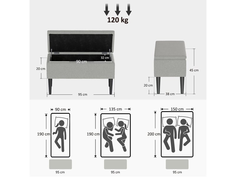  Banc coffre de rangement gris 95 x 38 x 45 cm  - Conforama C