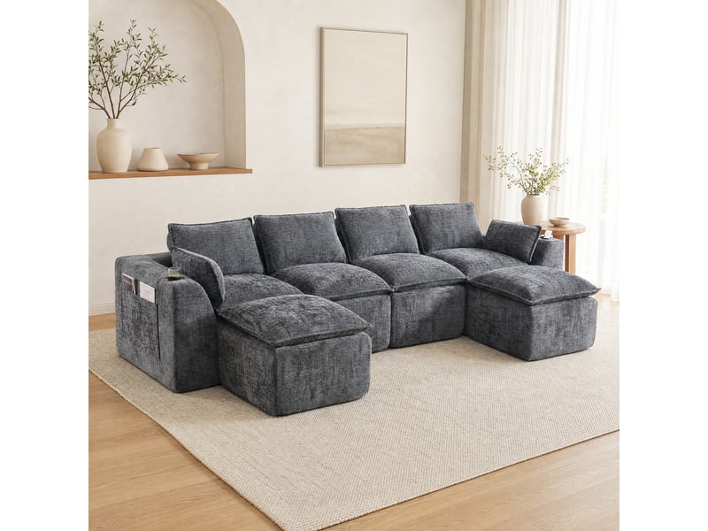  Canapé modulable 4 places avec 2 repose-pieds en chenille gris foncé  - Conforama B