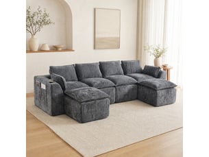 Canapé modulable 4 places avec 2 repose-pieds en chenille gris foncé