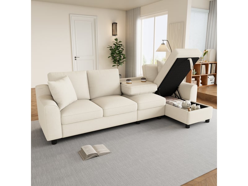 Canapé d'angle xxl 4 places l 280 cm en chenille - méridienne avec rangement - dossier rabattable - porte-gobelets - beige OPULERANE TRADING LTD - Conforama B