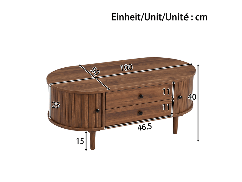  Table basse 100x50x40 cm, 2 tiroirs, grand rangement, porte coulissante, style vintage, structure mdf pour salon et séjour - noyer  - Conforama C