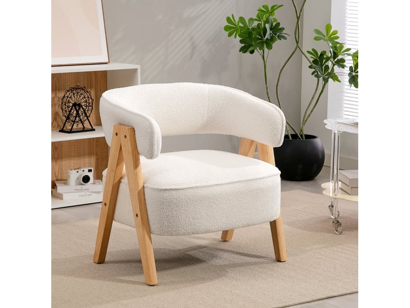 Fauteuil d’appoint moderne en tissu bouclette blanc avec pieds en bois - Conforama B