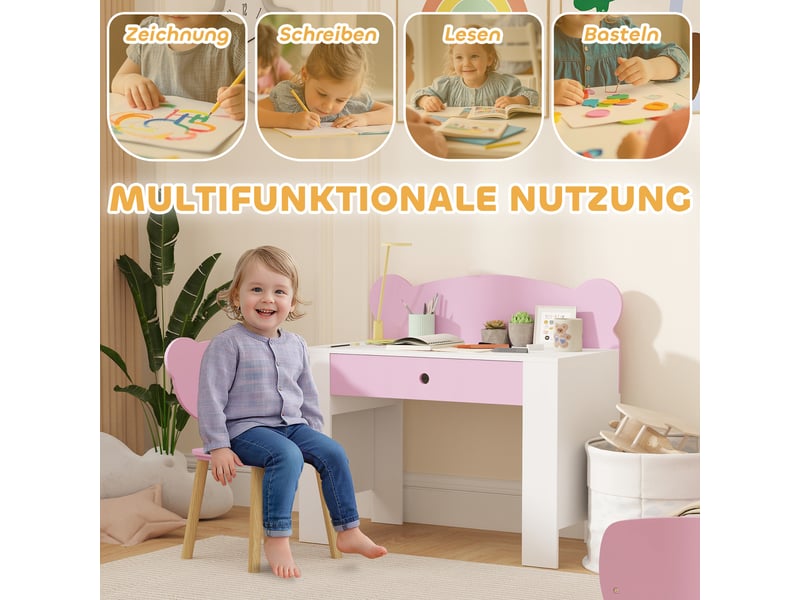  Ensemble bureau enfant, table et chaise en forme d'ours, avec tiroir, pour écrire et bricoler, 3-8 ans, rose  - Conforama E