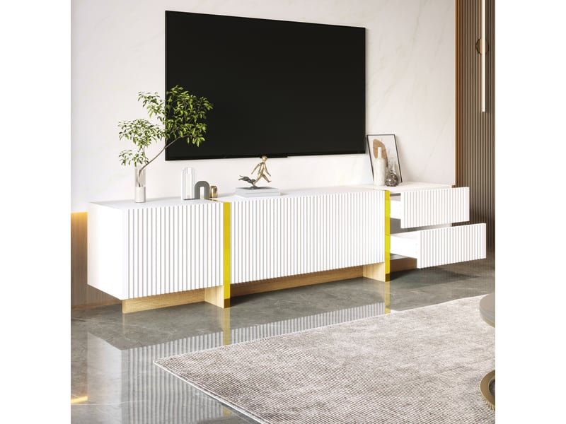  Meuble tv avec 3 portes et 2 tiroirs à fermeture douce pour salon 190×35×45 cm en mdf blanc et or  - Conforama C