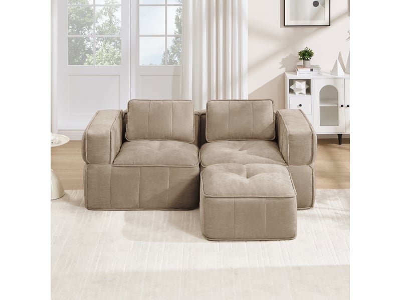  Canapé d'angle modulable 2 places avec pouf, assise profonde et base antidérapante en polyester sable  - Conforama E