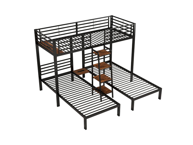  Lit superposé 3 places 90x200 cm en métal avec 2 lits simples en l, échelle intégrée, garde-corps et étagère - noir  - Conforama A