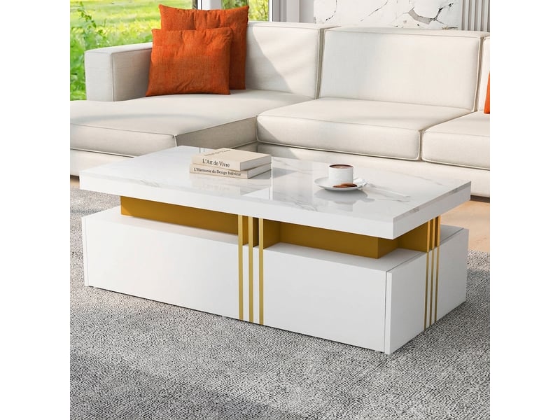  Table basse moderne rectangulaire blanc brillant avec 2 tiroirs, effet marbre, 100x50x40 cm  - Conforama B