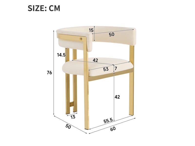  Lot de 6 chaises de salle à manger avec dossier incurvé et structure métallique dorée, en chenille beige et doré  - Conforama C