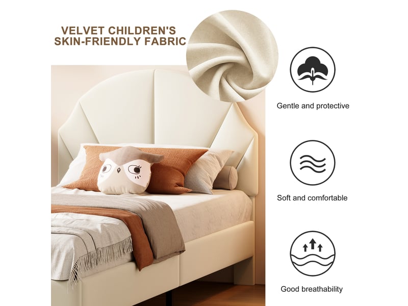  Lit enfant 90x200 cm avec tête de lit réglable, lit 1 place avec sommier à lattes, mobilier de chambre moderne, velours beige, sans matelas  - Conforama R
