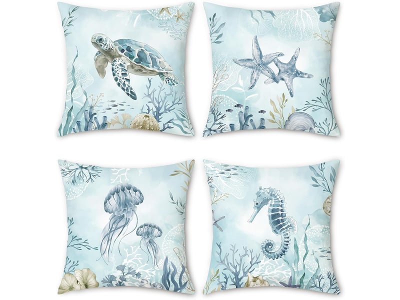  Housse de coussin côtier 45 x 45 cm tortue marine hippocampe étoile de mer plage bleu décoratif taie d'oreiller pour canapé chambre maison 4 pièces  - Conforama A