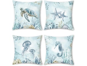 Housse de coussin côtier 45 x 45 cm tortue marine hippocampe étoile de mer plage bleu décoratif taie d'oreiller pour canapé chambre maison 4 pièces