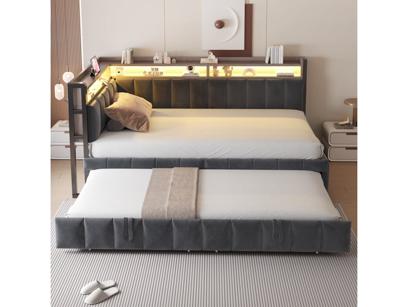  Lit gigogne 90x200 cm avec éclairage led et rangements en velours gris  - Conforama D