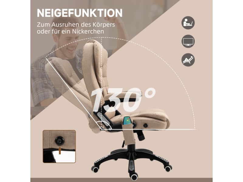  Chaise de bureau ergonomique marron, massage, chauffage, inclinable, réglable, effet lin, télécommande  - Conforama D