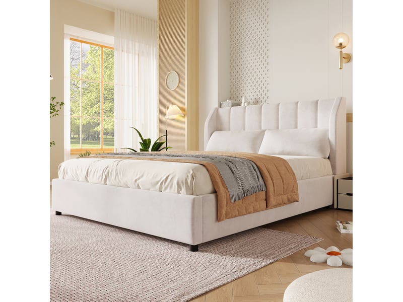  Lit double 140 × 200 cm avec tête de lit capitonnée, sommier à lattes et 2 coussins en velours beige pour chambre  - Conforama E