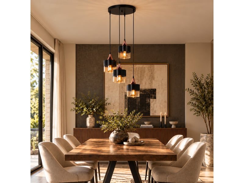  Lustre 4 suspensions en verre ambré métal noir et effet cuivre ortense  - Conforama B