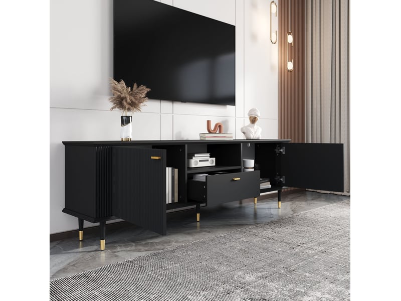  Meuble tv noir 170 x 36 x 54 cm, mdf laqué, 2 portes, tiroir et niche ouverte  - Conforama E