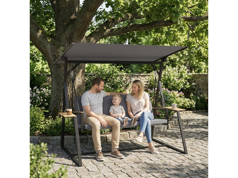  Balancelle de jardin 3 places, toit orientable 60° uv50+, structure metallique 360 kg, bacs lateraux, coussins rembourres, 222 x 131 x 175 cm  - Conforama B