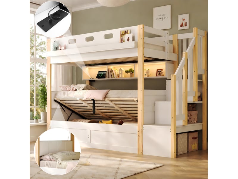  Lit superposé enfant tcqpz 2 x 90 x 200 cm avec rangement hydraulique, escalier de rangement, led et usb blanc et bois naturel  - Conforama D