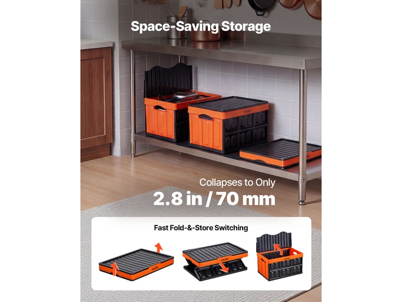  Vevor caisse plastique pliable avec couvercle 45 l, lot de 3, bac de rangement pliable et empilable avec poignees, charge max. 20 kg par caisse pour maison, camping, voiture et courses, noir et orange  - Conforama D