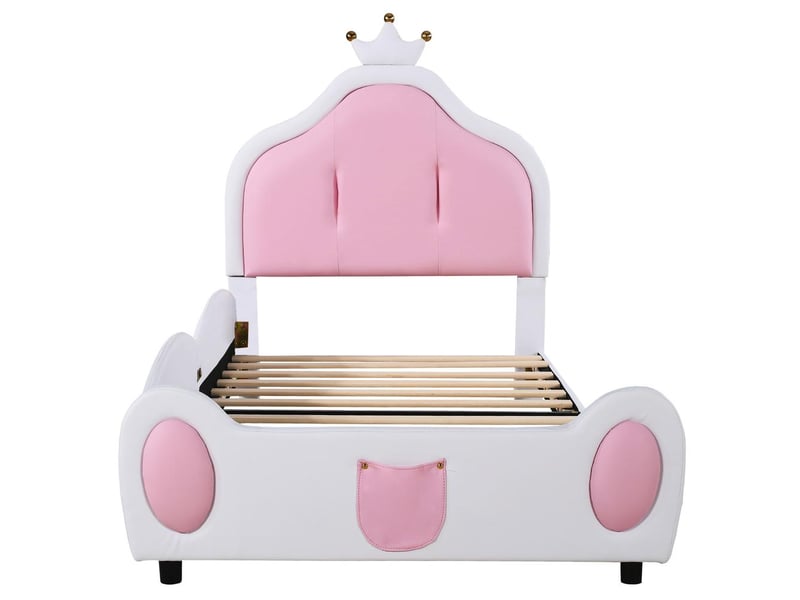 Lit enfant rembourré 90 x 200 cm avec tête de lit couronne, design patchwork bicolore, pu, sans matelas, blanc et rose - Conforama W