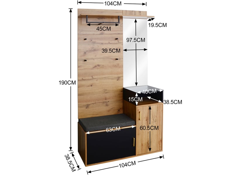  Meuble d'entrée avec miroir, banc à chaussures, 4 crochets, tringle, rangements en mdf noir et bois 105 × 40 × 191,5 cm  - Conforama D