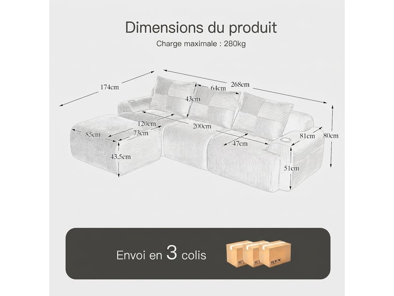 Canapé modulaire 3 places avec pouf gris foncé - 268 x 174 x 80 cm avec porte-gobelet intégré - Conforama C