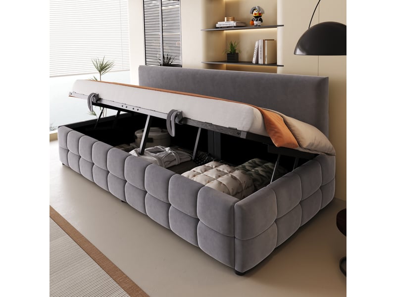  Lit sofa 90*200 cm gris foncé, rangement hydraulique, dossier confortable sans accoudoirs en velours  - Conforama D