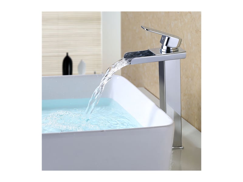 Robinet de salle de bain à effet cascade avec bec surélevé, idéal pour les lavabos et les éviers. Design moderne, coloris argent et cuivre, flexible  - Conforama B