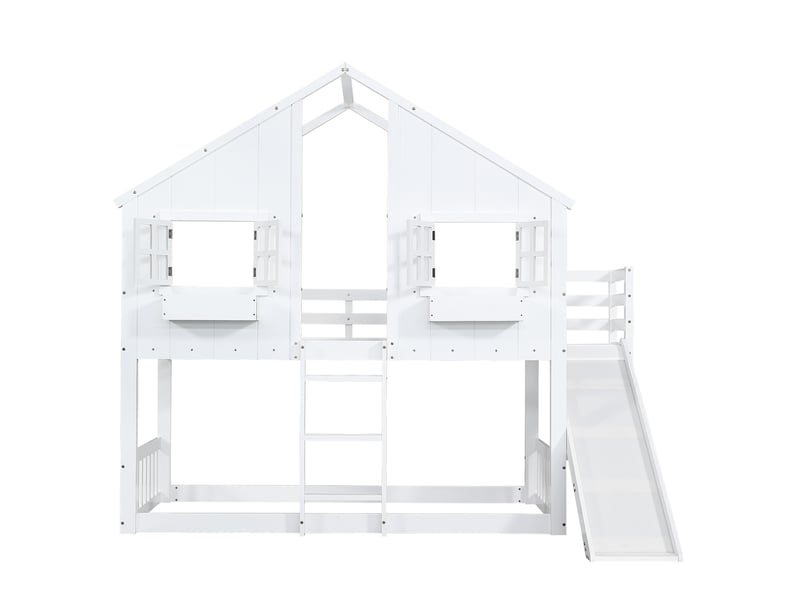  Lit superposé blanc et naturel avec toit maison, dimensions 90x200 cm  - Conforama W