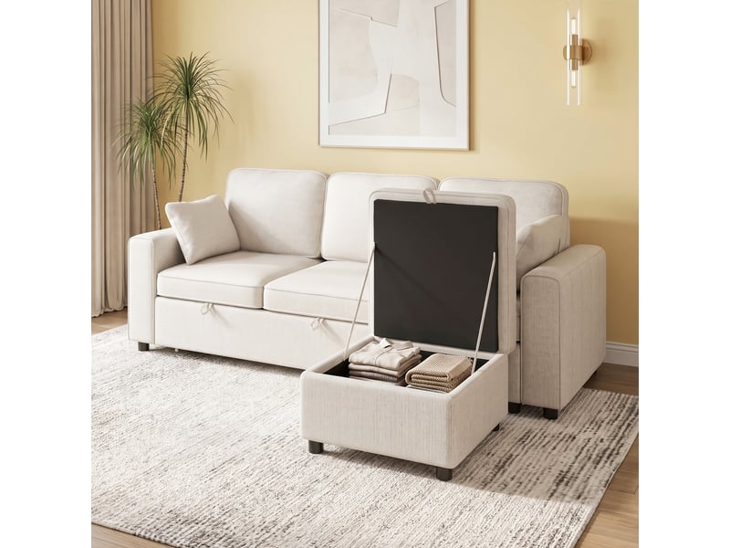  Canapé d'angle convertible 3 places en chenille avec pouf beige 225x147x90 cm  - Conforama B