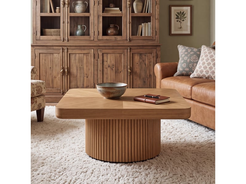 Table basse carrée 78x78x38 cm, plateau épais aux bords arrondis, pied cylindrique cannelé, bois massif et mdf, à associer par deux - bois naturel - Conforama D