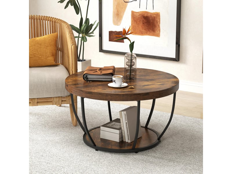  Montage facile - table basse ronde 80 cm, 2 niveaux de rangement, structure métallique, pour salon  - Conforama B