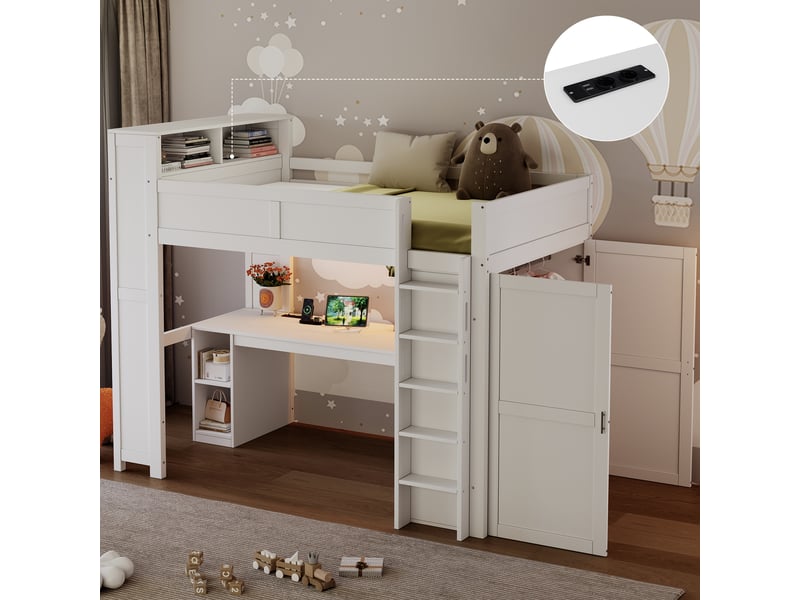 Lit mezzanine 90x200 cm - avec bureau et penderie intégrés - port usb et éclairage led - mdf - blanc (sans matelas) - Conforama W