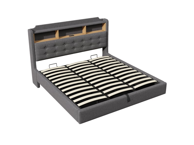 Lit capitonné, 180 × 200 cm, avec bande lumineuse led, rangement hydraulique, compartiments de rangement, design suspendu, matelas non inclus, ports usb et type-c, revêtement en lin - Conforama D