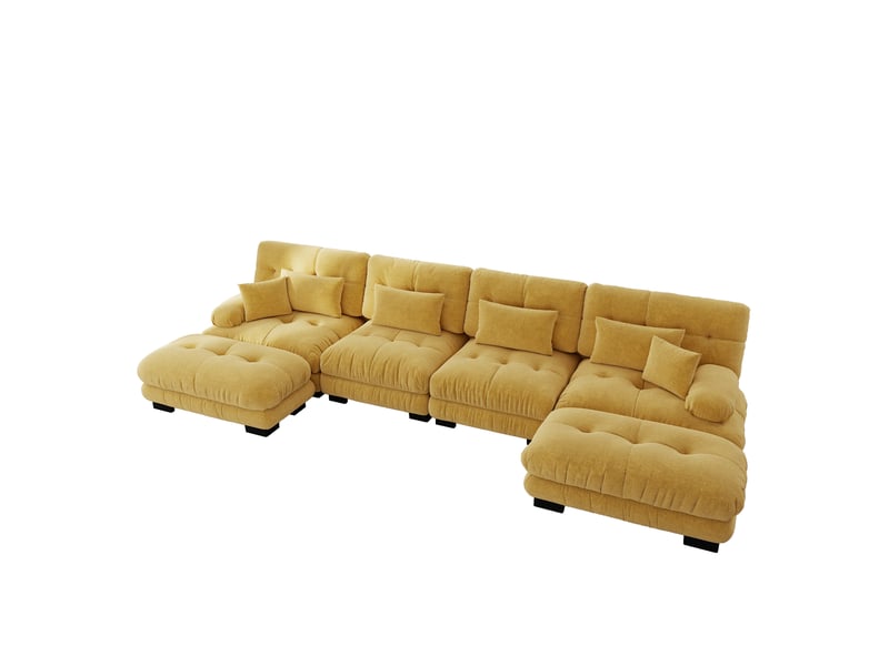  Canapé d'angle modulable 4 places avec ottoman mobile et assise profonde, en chenille, jaune  - Conforama A