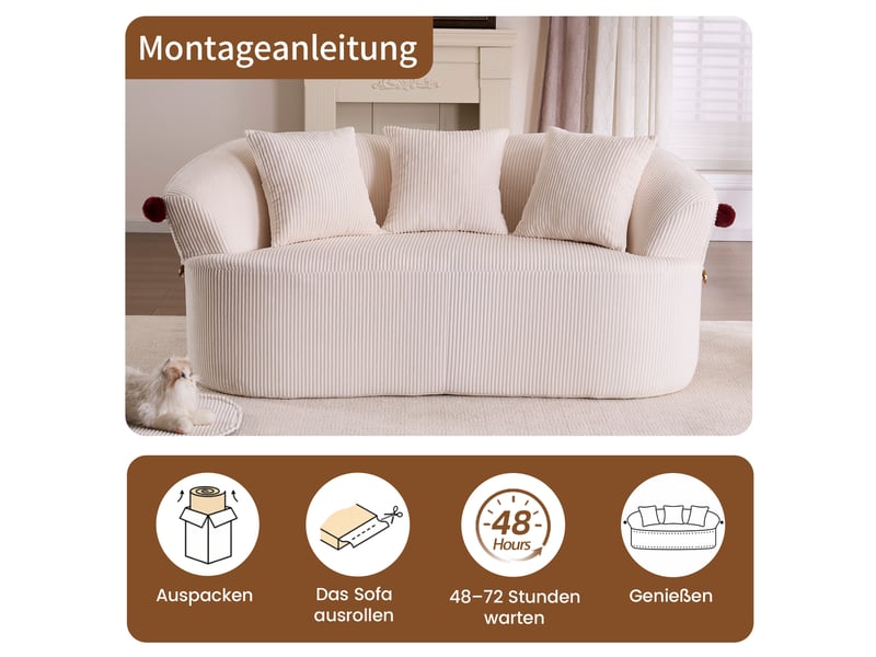  Canapé compressé 2 places 163x93x68 cm sans structure, design courbé, 3 coussins et coussin pour animal inclus, mousse, velours côtelé blanc  - Conforama E